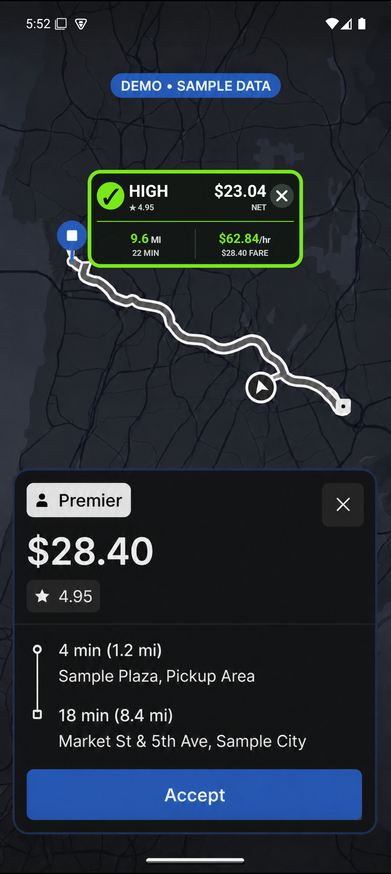 Fictional ride offer with Driver Copilot HIGH guidance
